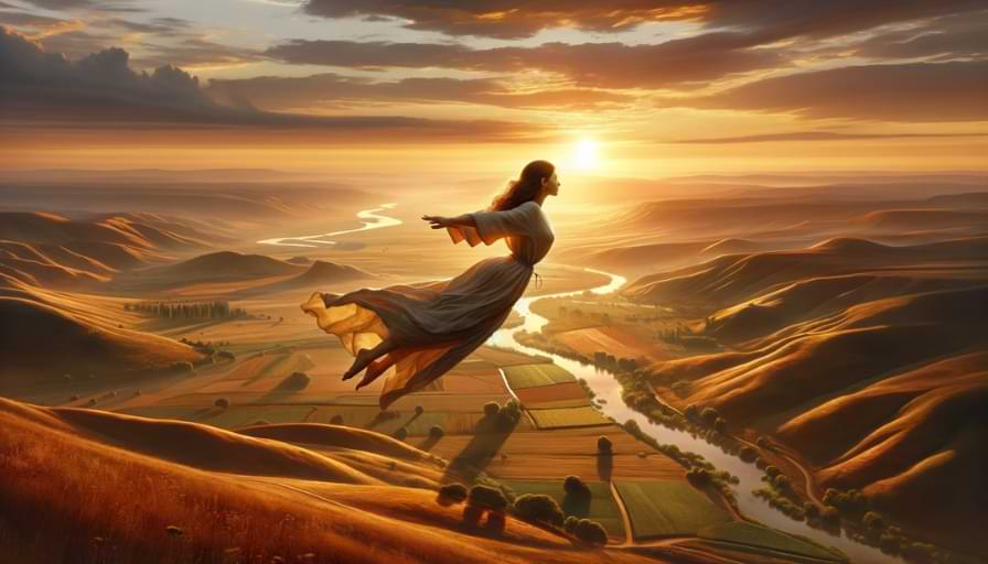 a woman flying over a beautiful landscape